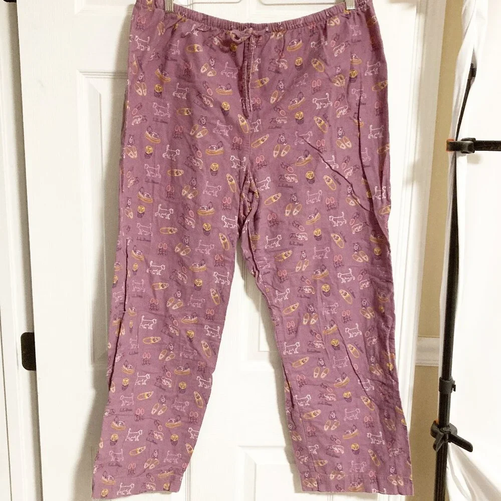 L.L. Bean 100% Cotton Flannel Cat Print Pajama Lounge Pants Purple XL